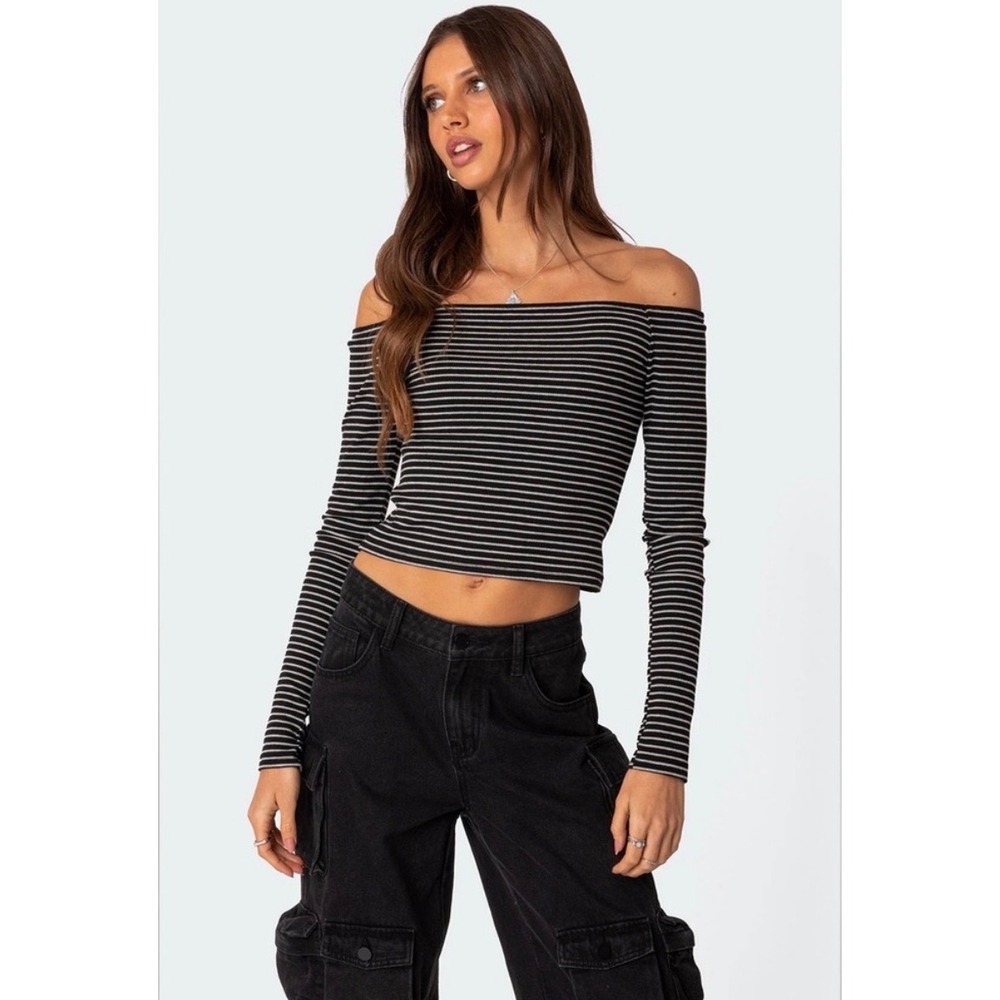 Edikted Striped Off Shoulder Black and White Long Sleeve Top